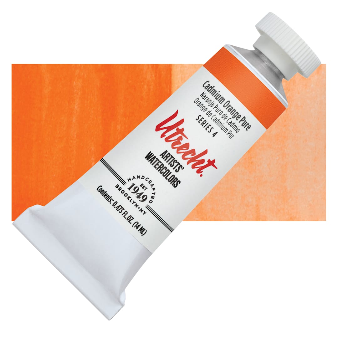 Open in modal - Utrecht Artists' Watercolor Paint - Cadmium Orange, 14 ml tube and swatch