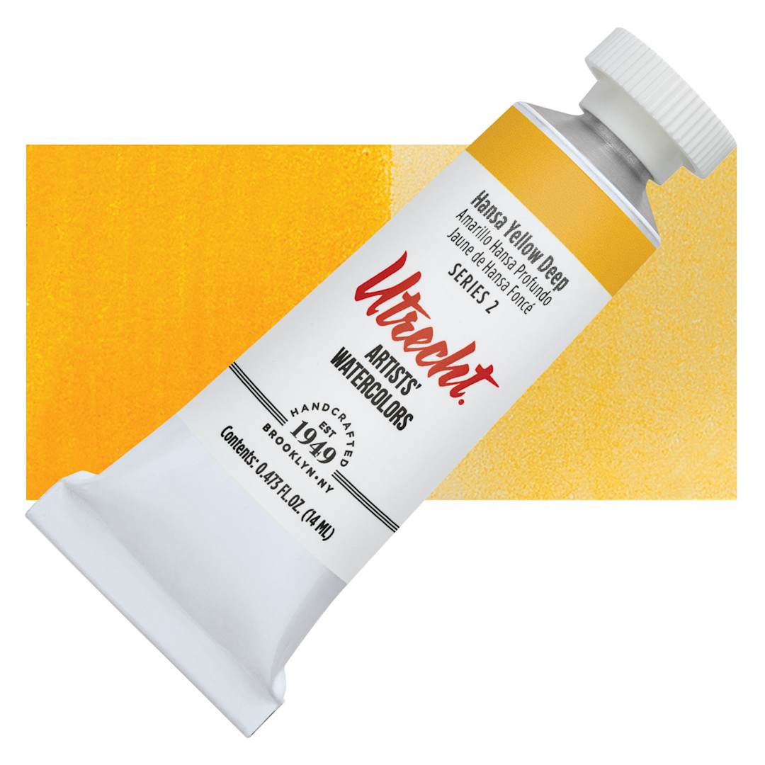 Open in modal - Utrecht Artists' Watercolor Paint - Hansa Yellow Deep, 14 ml tube and swatch
