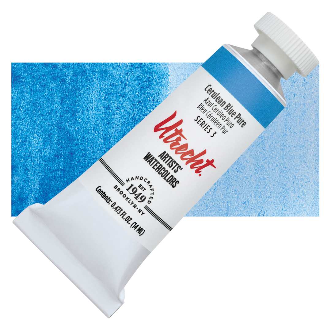 Open in modal - Utrecht Artists' Watercolor Paint - Cerulean Blue, 14 ml tube and swatch