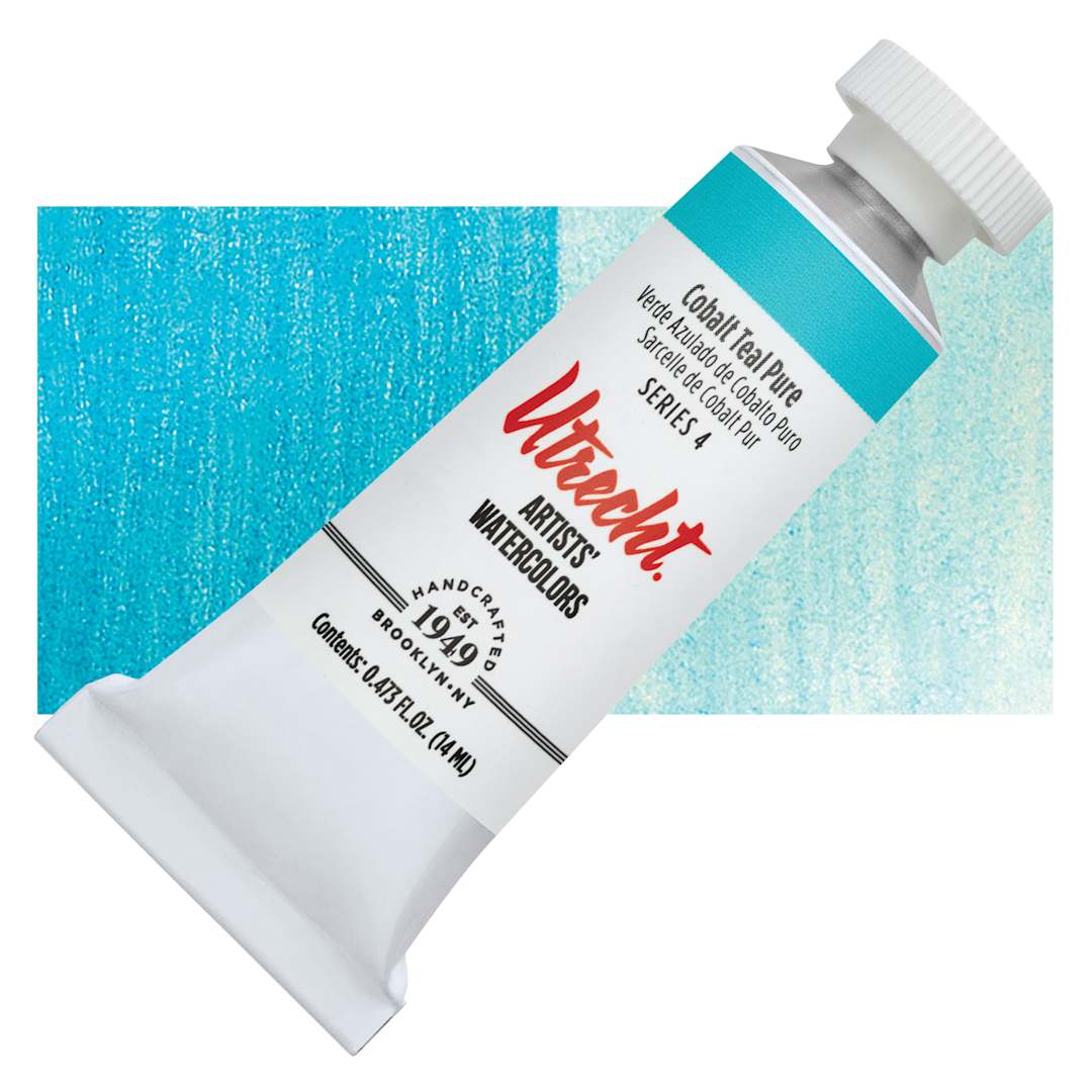 Open in modal - Utrecht Artists' Watercolor Paint - Cobalt Teal Pure, 14 ml, Tube and swatch