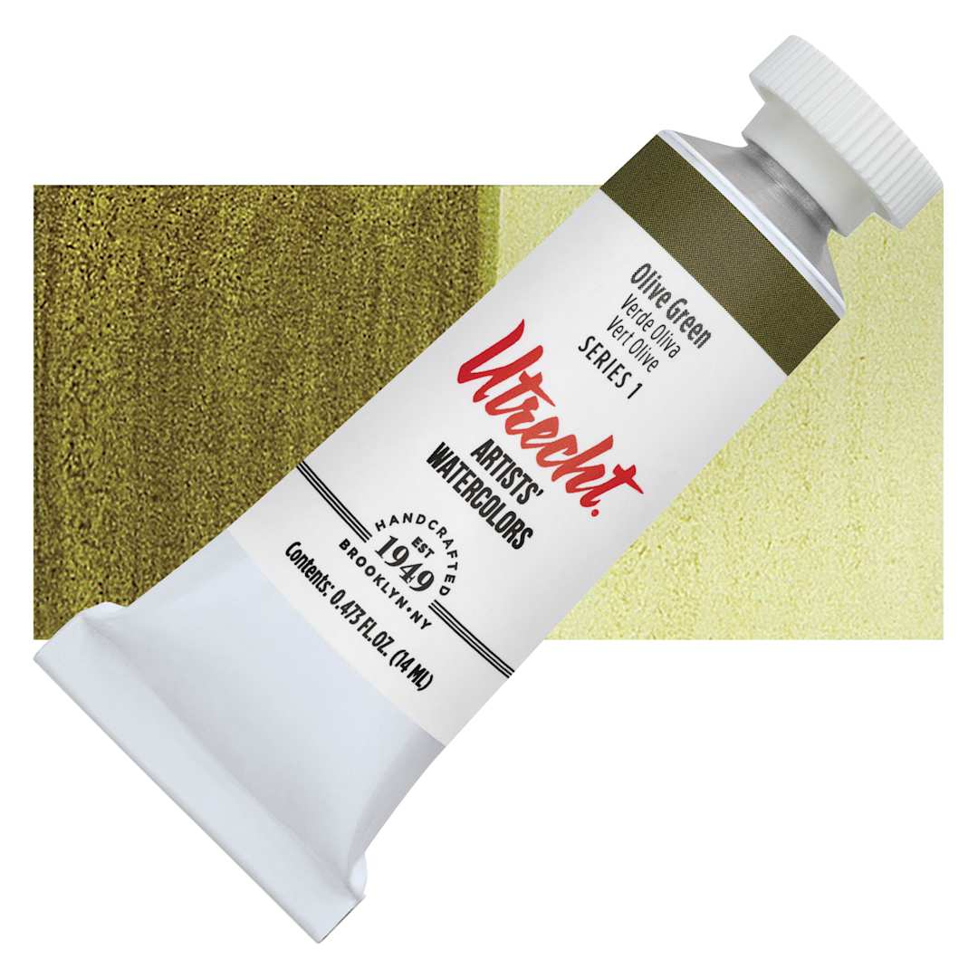 Open in modal - Utrecht Artists' Watercolor Paint - Olive Green, 14 ml tube and swatch