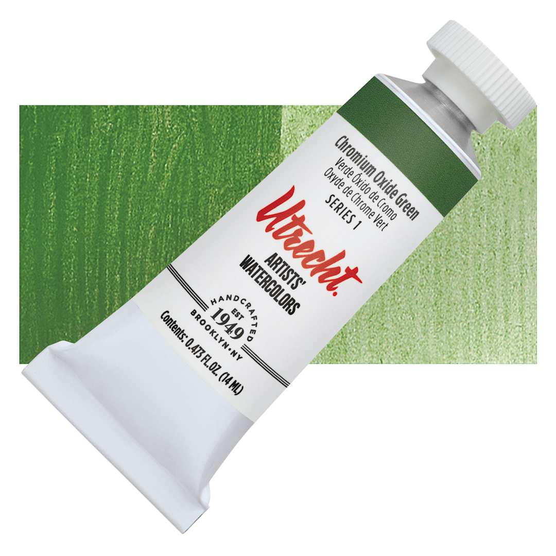 Open in modal - Utrecht Artists' Watercolor Paint - Chromium Oxide Green, 14 ml tube and swatch