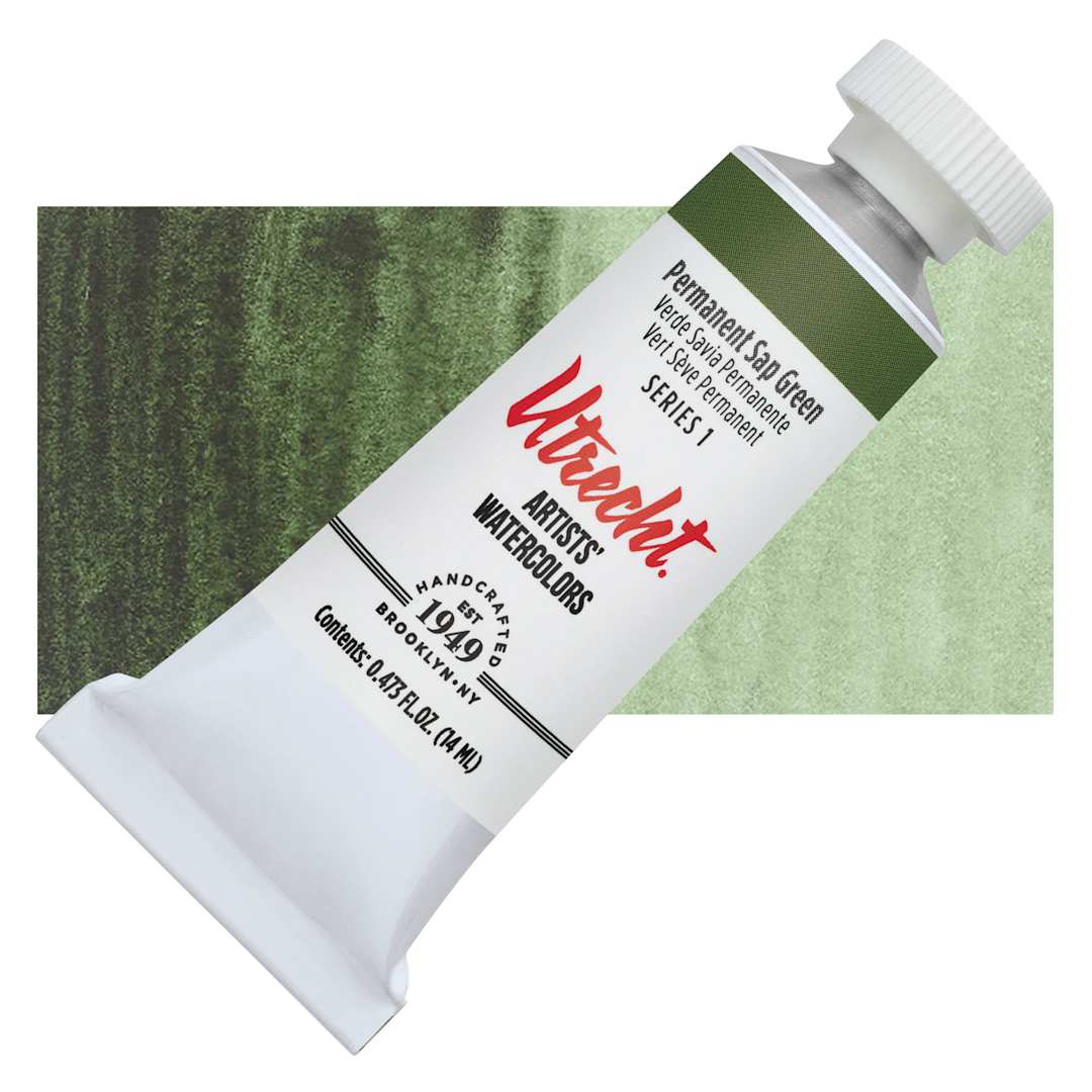 Open in modal - Utrecht Artists' Watercolor Paint - Permanent Sap Green, 14 ml tube and swatch