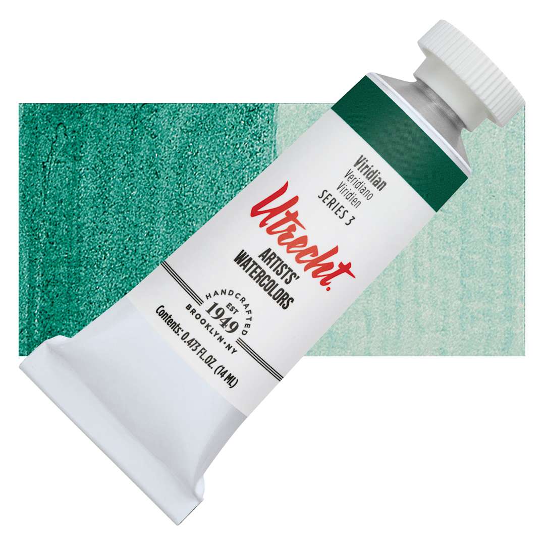 Open in modal - Utrecht Artists' Watercolor Paint - Viridian, 14 ml tube and swatch