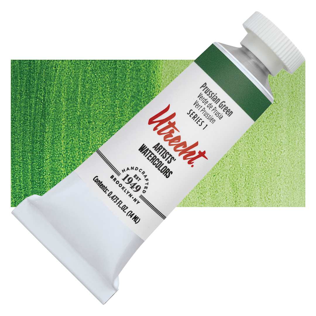 Open in modal - Utrecht Artists' Watercolor Paint - Prussian Green, 14 ml tube and swatch