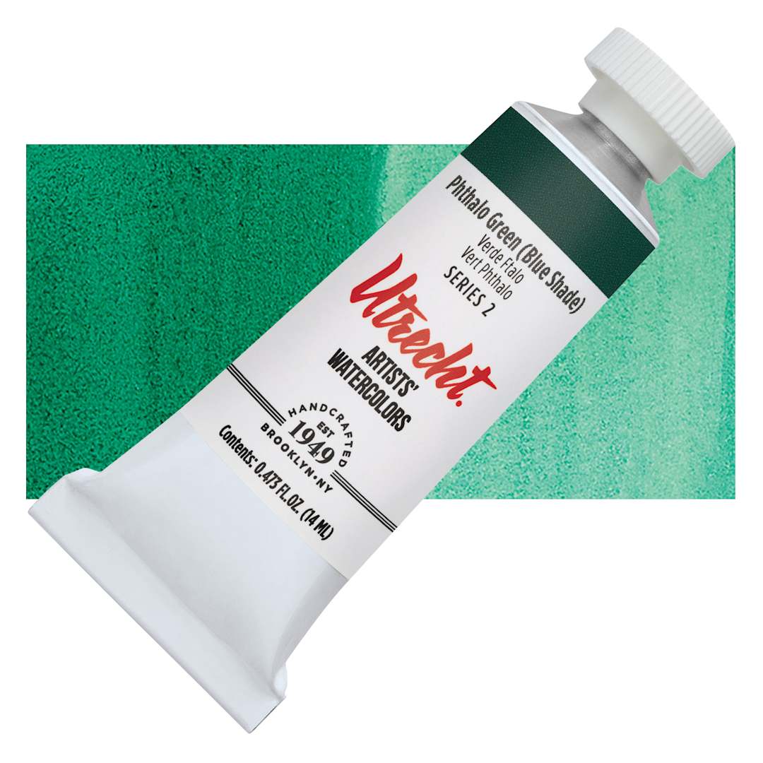 Open in modal - Utrecht Artists' Watercolor Paint - Phthalo Green, 14 ml tube and swatch