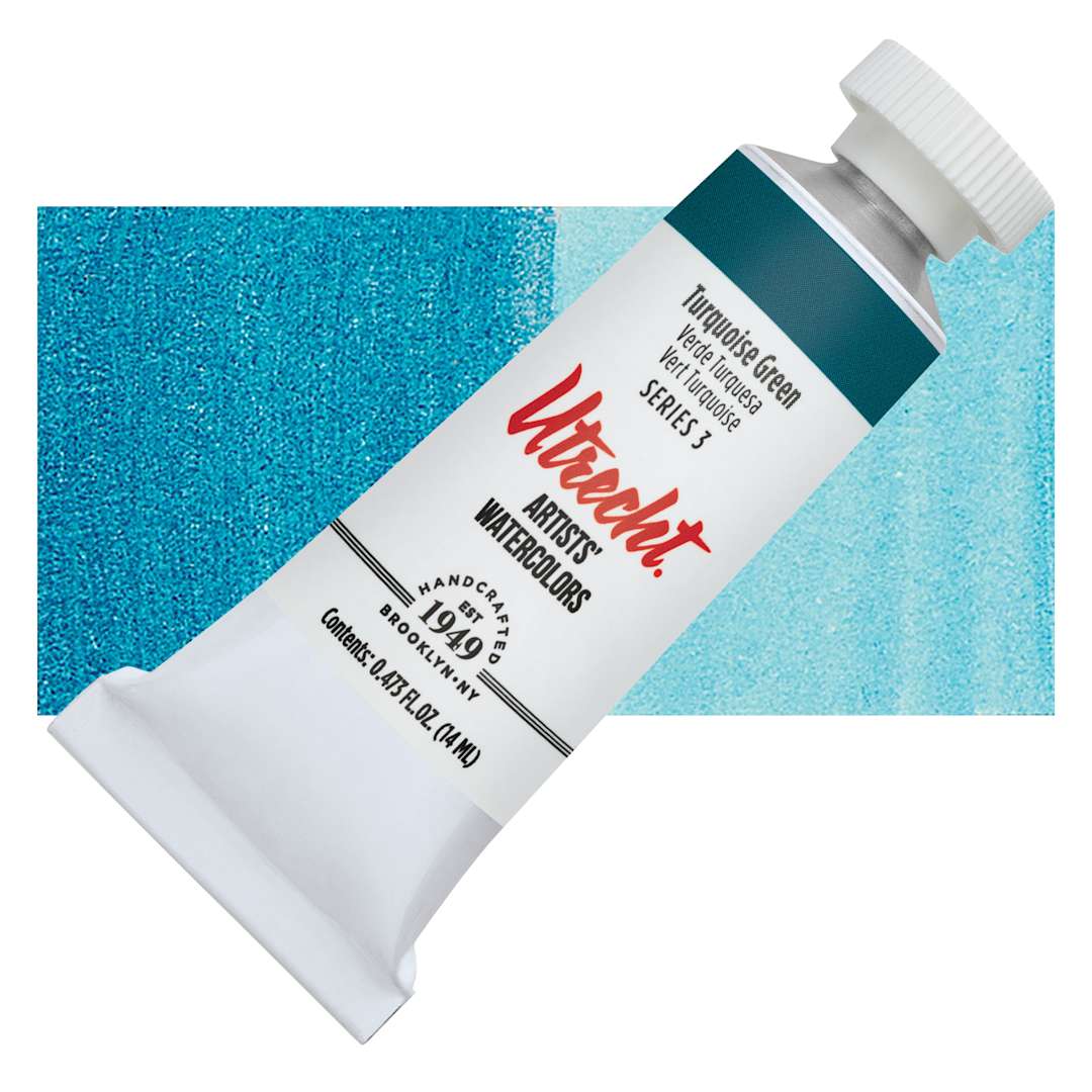 Open in modal - Utrecht Artists' Watercolor Paint - Turquoise Green, 14 ml tube and swatch