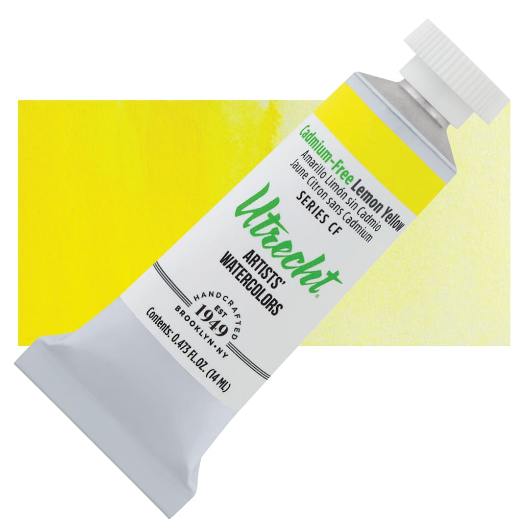 Open in modal - Utrecht Artists' Watercolor Paint - Cadmium-Free Yellow Lemon, 14 ml, Tube and swatch