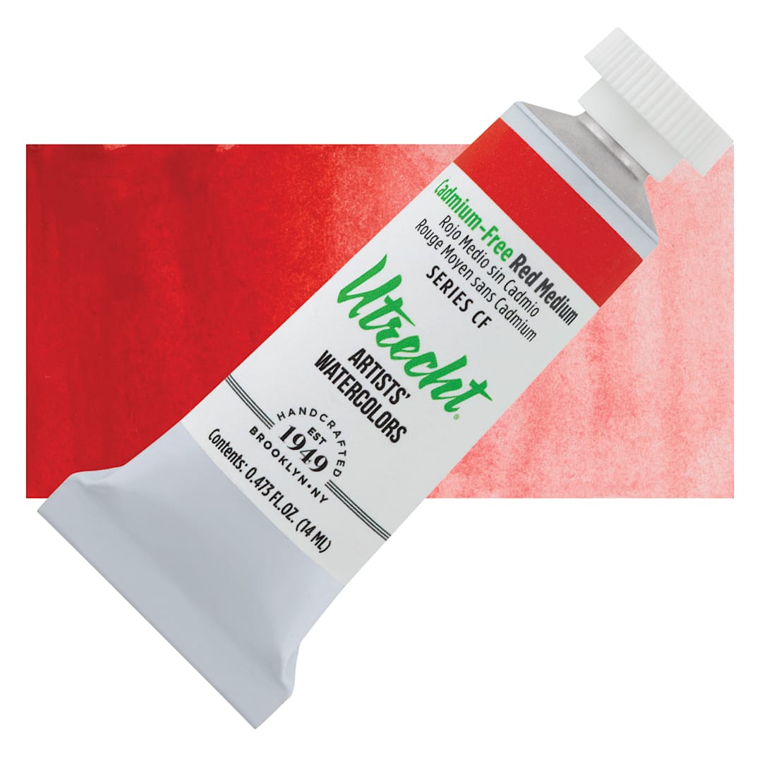 Open in modal - Utrecht Artists' Watercolor Paint - Cadmium-Free Red Medium, 14 ml Tube and swatch