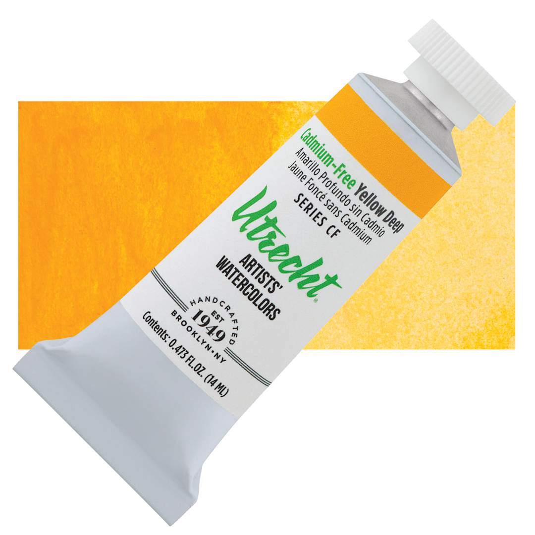 Open in modal - Utrecht Artists' Watercolor Paint - Cadmium-Free Yellow Deep, 14 ml Tube and swatch