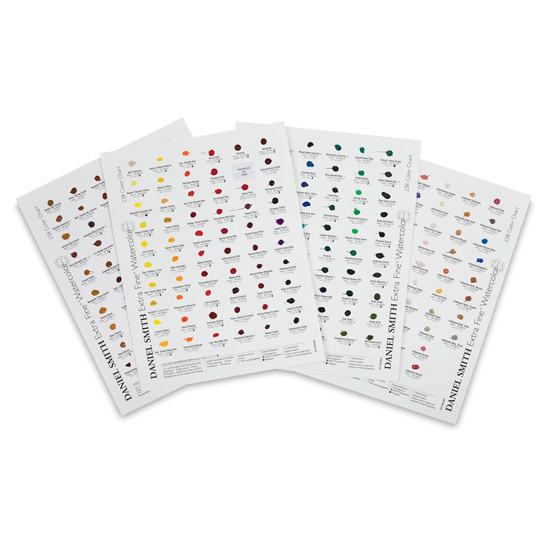 Open in modal - Daniel Smith Extra Fine Watercolors - 238 Color Dot Card. Four cards with paint sample dots.