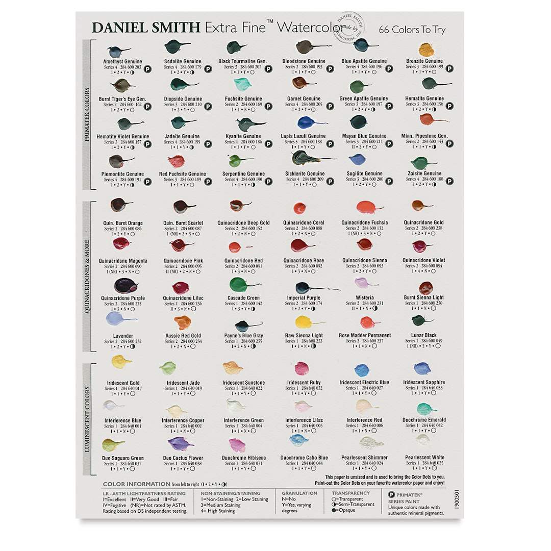 Open in modal - Daniel Smith Extra Fine Watercolors - 66 Color Watercolor Sample Card. Front of card.