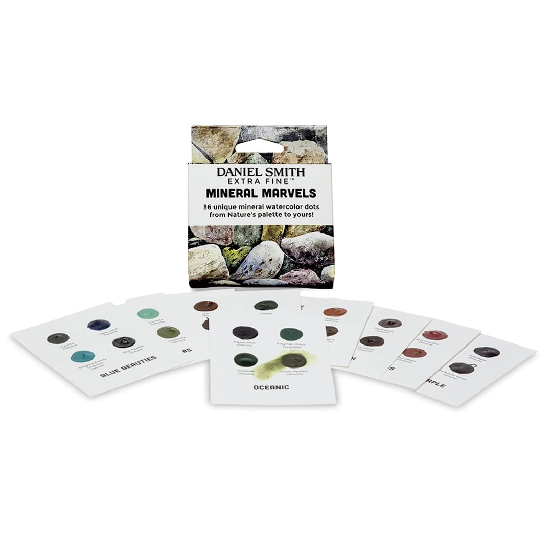Open in modal - Daniel Smith Extra Fine Watercolors - Mineral Marvel Dot Card Set. Package front and 9 cards in front.