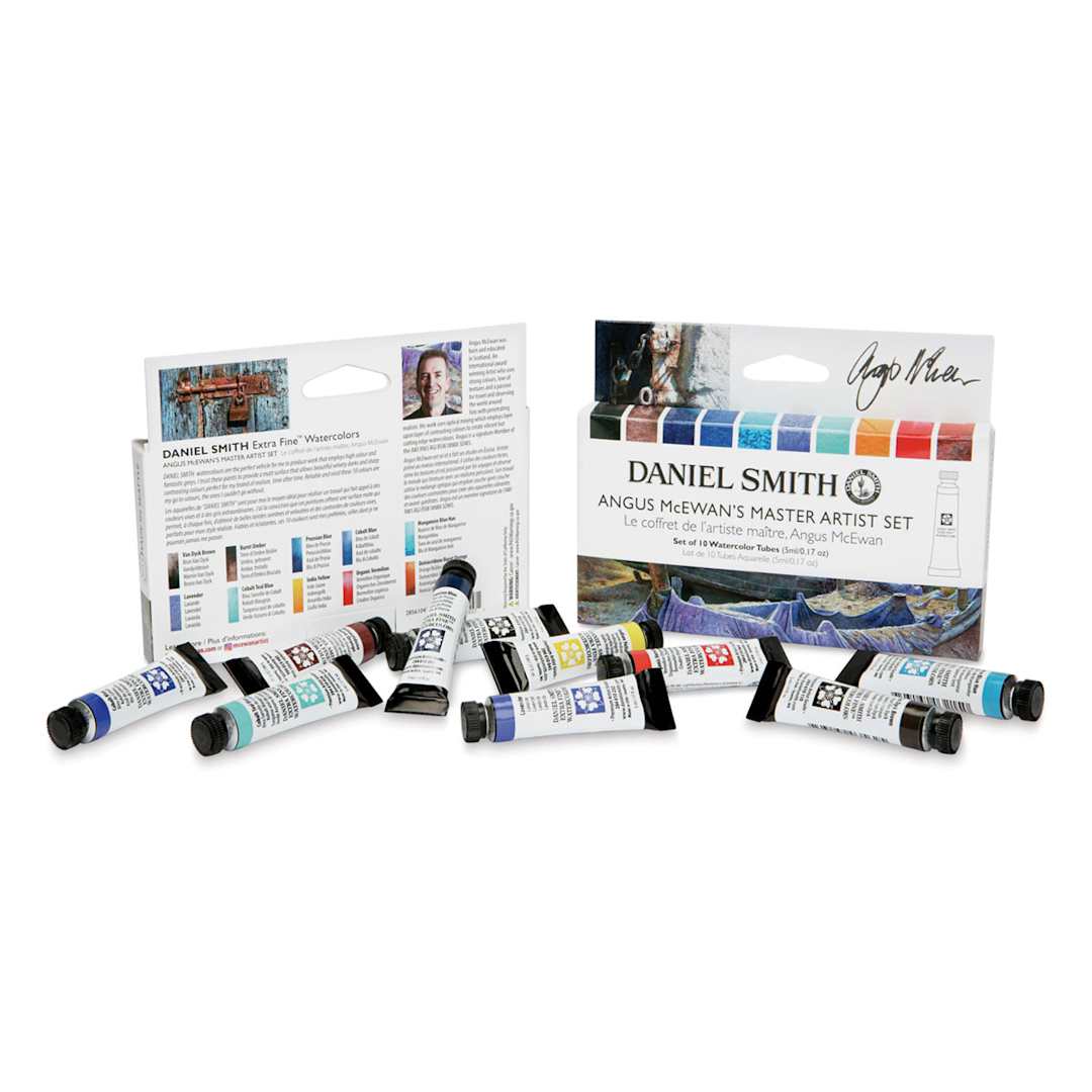 Open in modal - Daniel Smith Extra Fine Watercolor - Angus McEwan Master Artist, Set of 10, 5 ml, Tubes (Tubes shown with front and back of packaging)