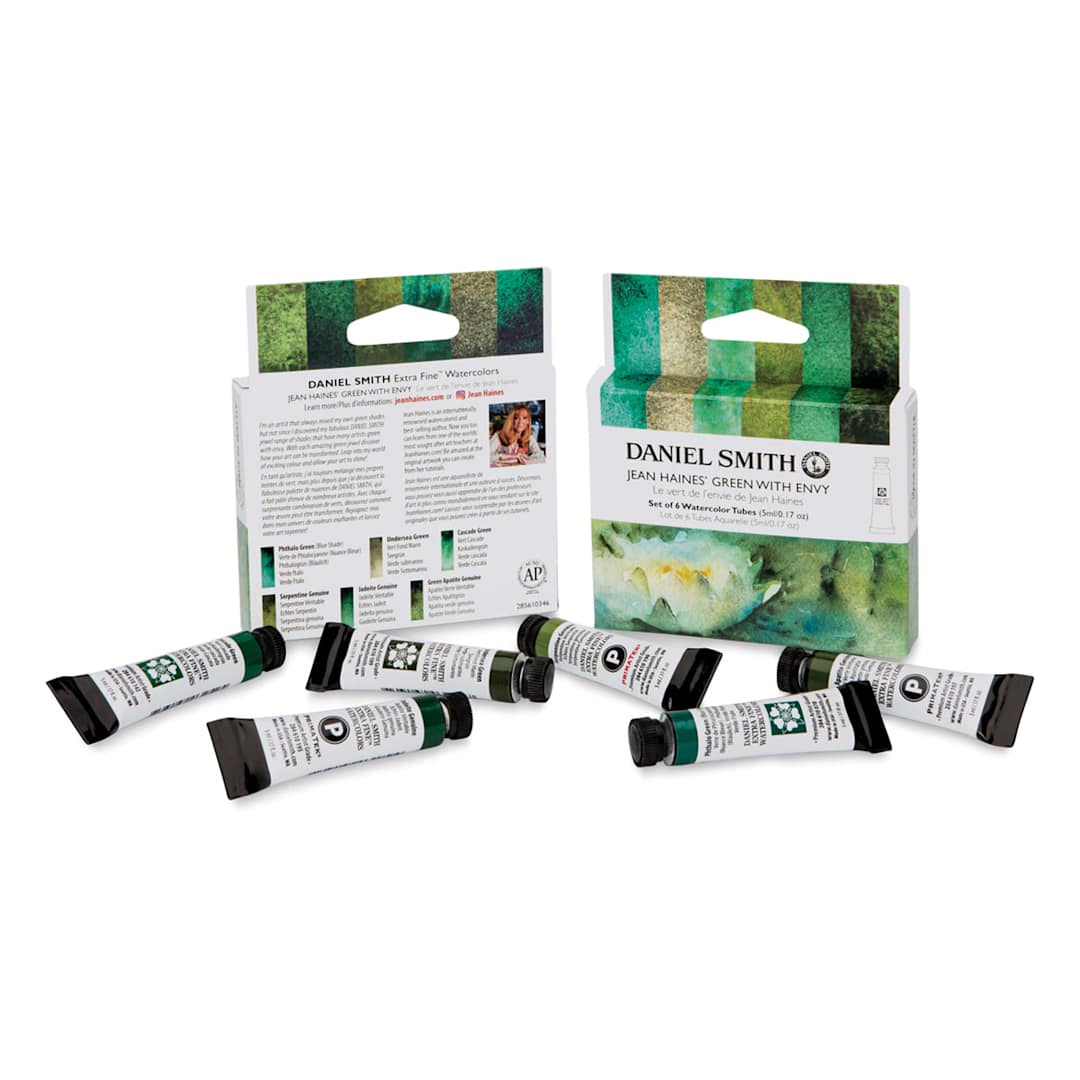 Open in modal - Daniel Smith Extra Fine Watercolor - Jean Haines' Green With Envy, Set of 6, 5 ml Tubes (Tubes with front and back of packaging)