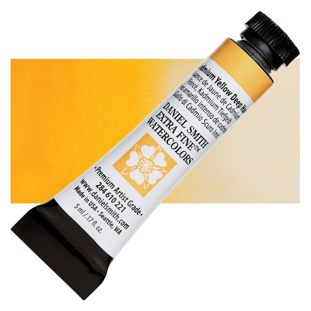 Open in modal - Daniel Smith Extra Fine Watercolor - Cadmium Yellow Deep Hue, 5 ml, Tube and swatch