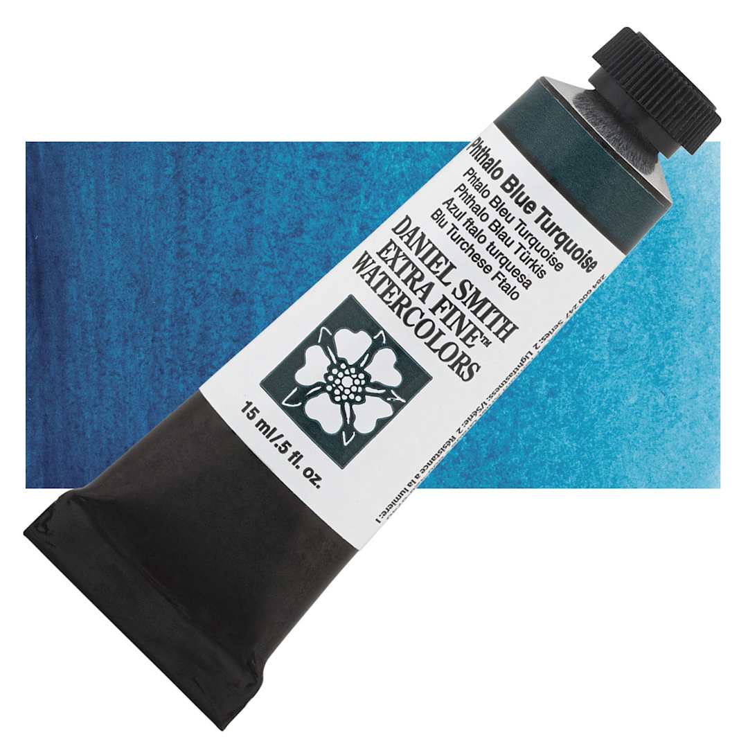 Open in modal - Daniel Smith Extra Fine Watercolor - Phthalo Blue Turquoise, 15 ml Tube and swatch
