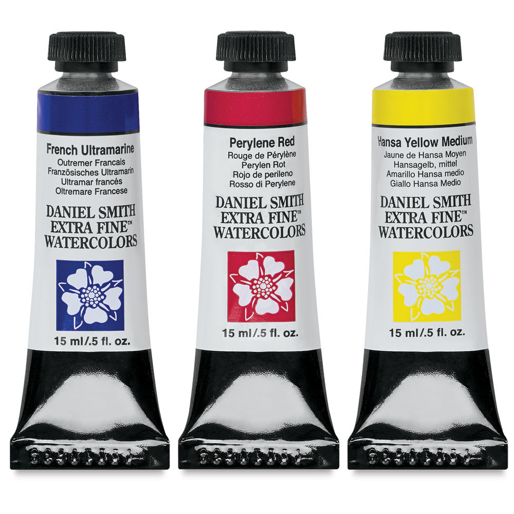 Open in modal - Daniel Smith Extra Fine Watercolors (French Ultramarine, Perylene Red, Hansa Yellow Medium, 15 ml, Tubes)