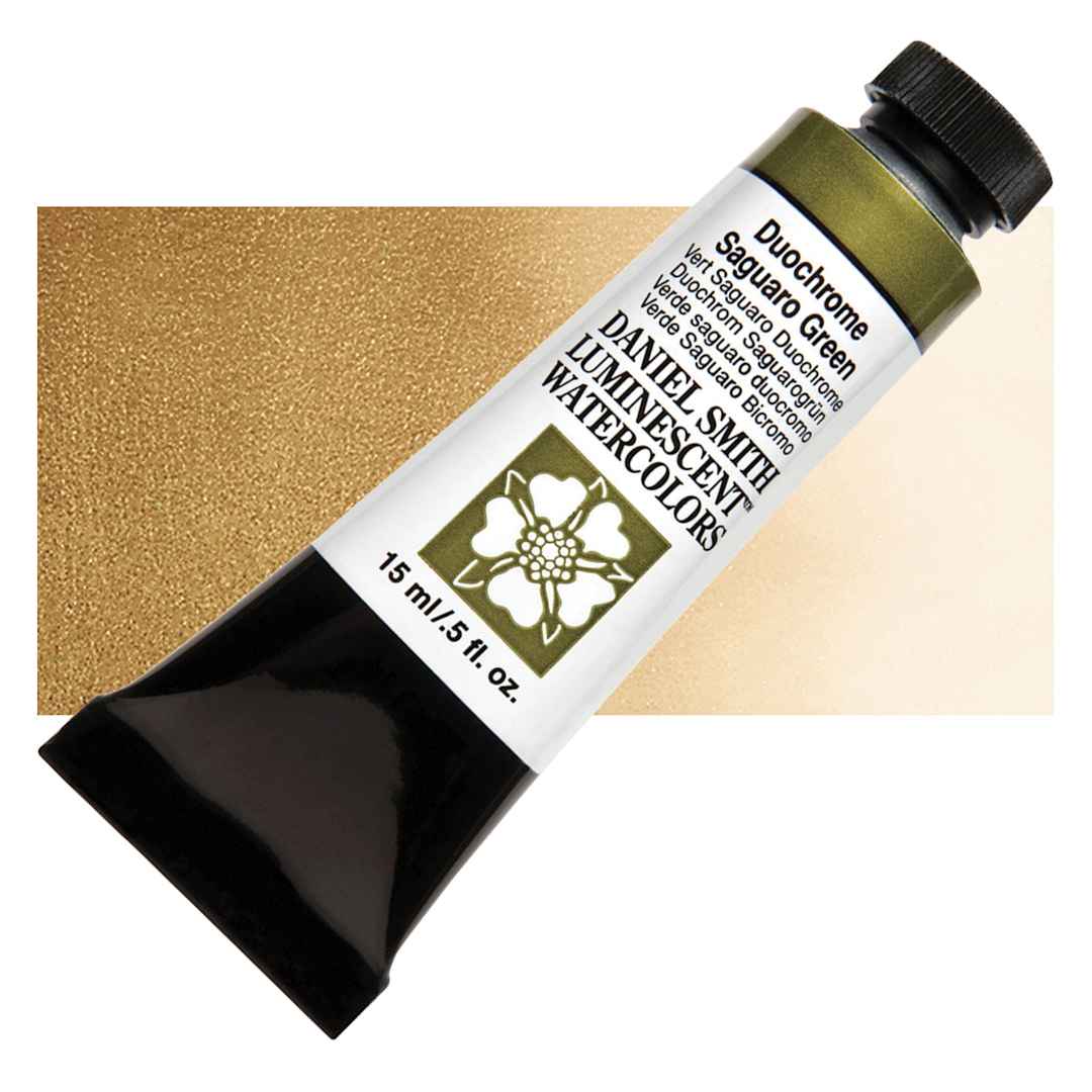 Open in modal - Daniel Smith Luminescent Watercolor - Duochrome Saguaro Green, 15 ml, Tube and swatch