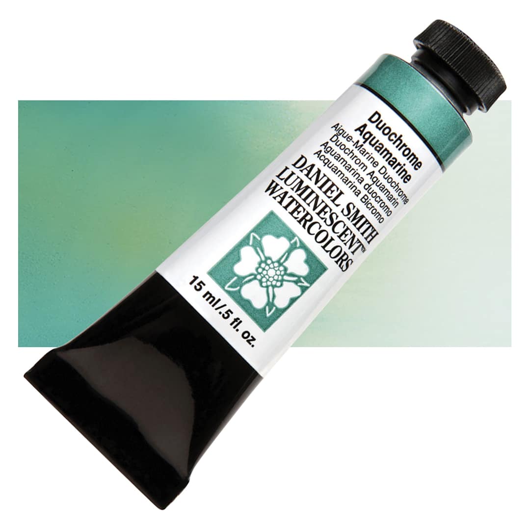 Open in modal - Daniel Smith Luminescent Watercolor - Duochrome Aquamarine, 15 ml, Tube and swatch