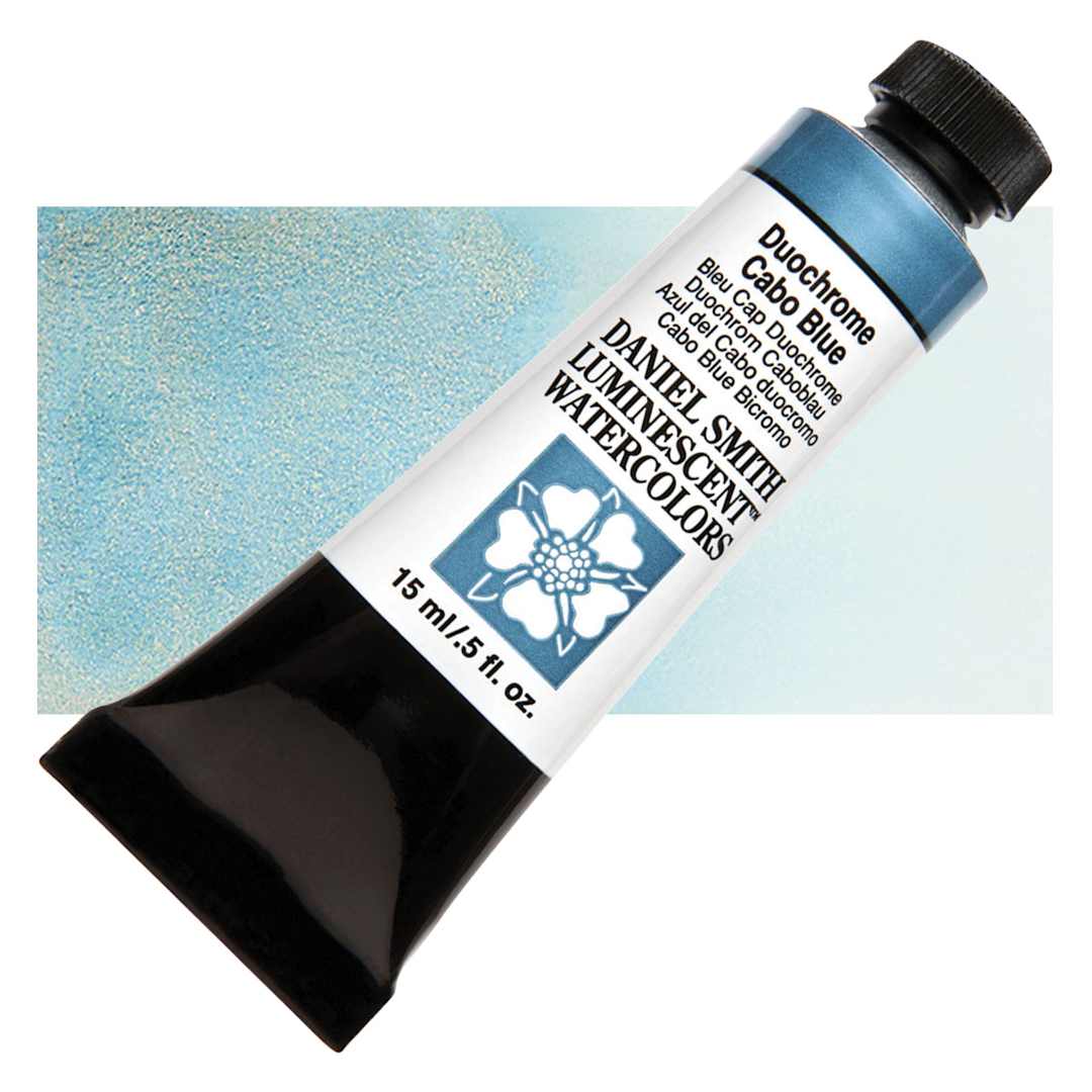 Open in modal - Daniel Smith Luminescent Watercolor - Duochrome Cabo Blue, 15 ml, Tube and swatch