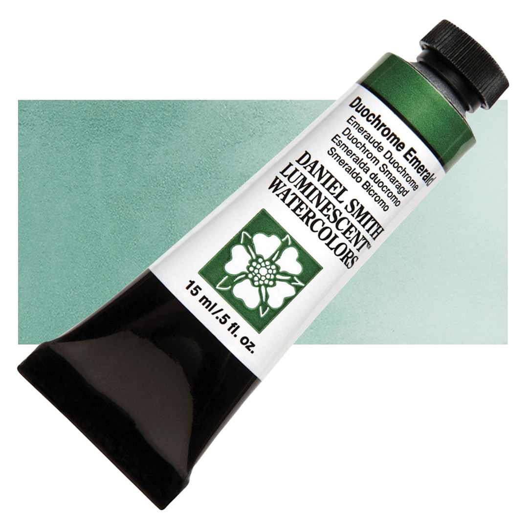 Open in modal - Daniel Smith Luminescent Watercolor - Duochrome Emerald, 15 ml, Tube and swatch