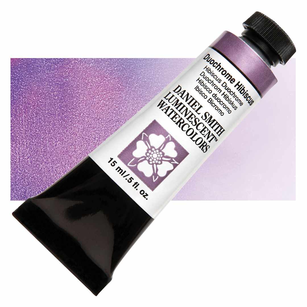 Open in modal - Daniel Smith Luminescent Watercolor - Duochrome Hibiscus, 15 ml, Tube and swatch