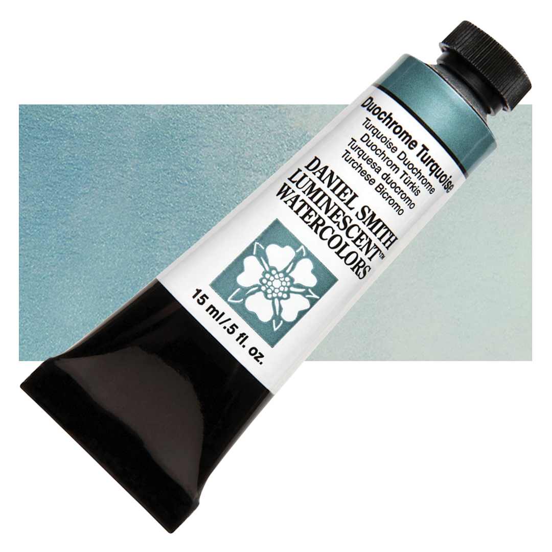 Open in modal - Daniel Smith Luminescent Watercolor - Duochrome Turquoise, 15 ml, Tube and swatch