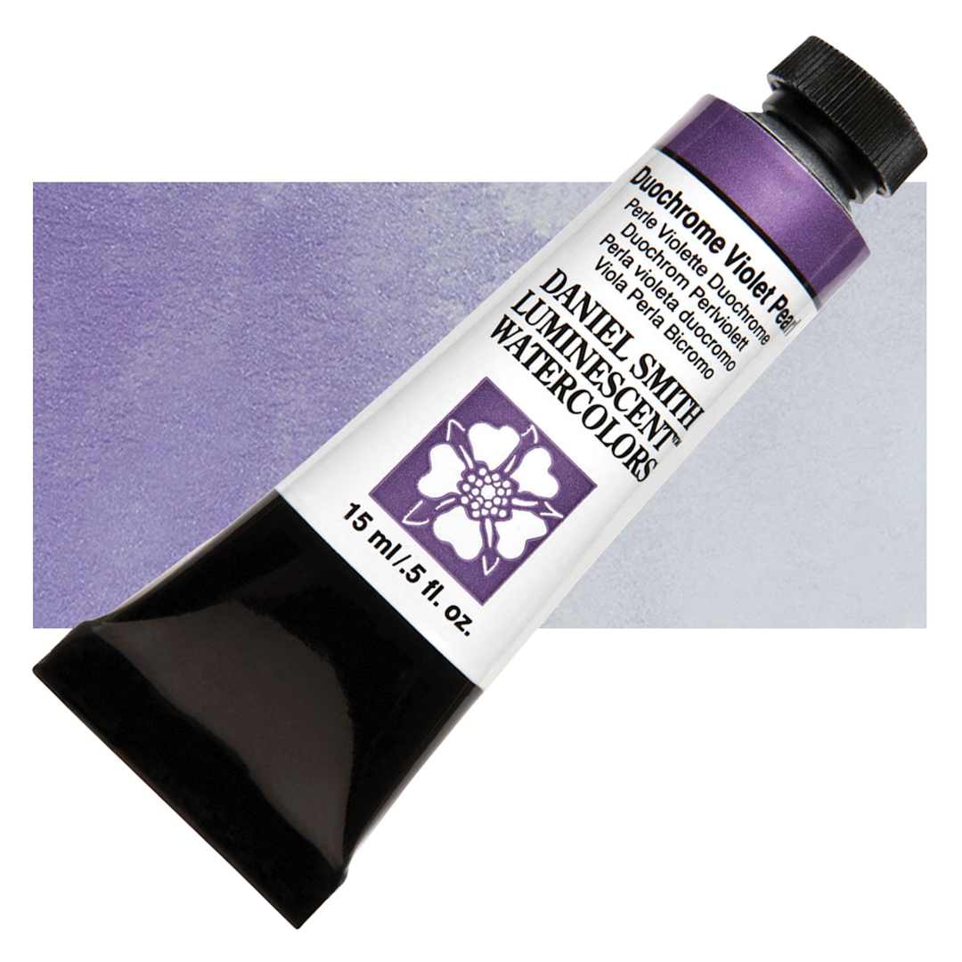 Open in modal - Daniel Smith Luminescent Watercolor - Duochrome Violet Pearl, 15 ml, Tube and swatch
