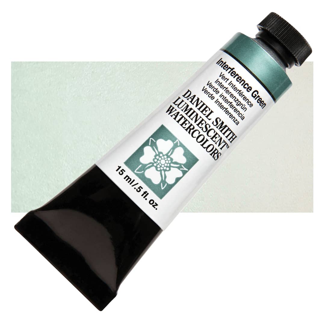 Open in modal - Daniel Smith Luminescent Watercolor - Interference Green, 15 ml, Tube and swatch