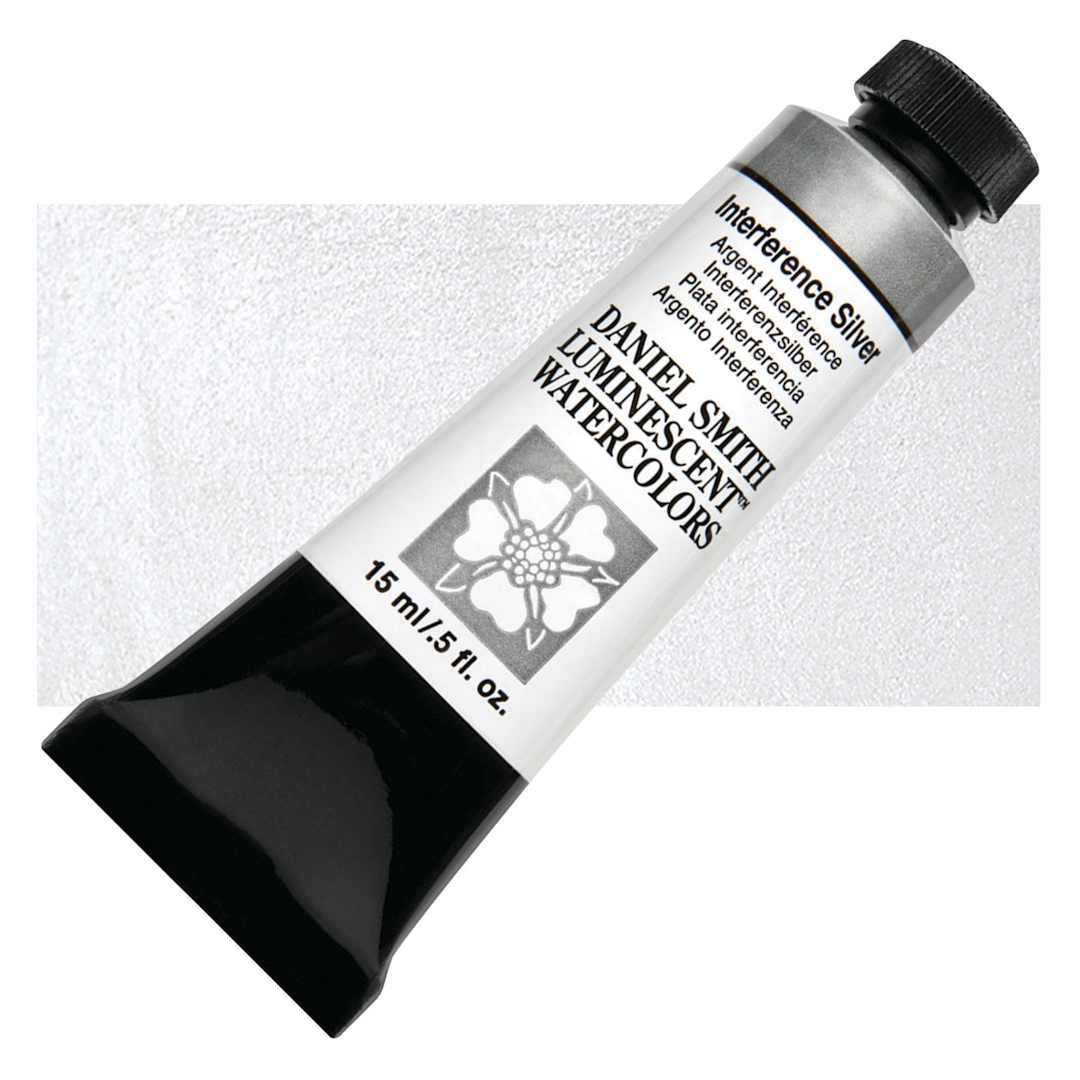 Open in modal - Daniel Smith Luminescent Watercolor - Interference Silver, 15 ml, Tube and swatch