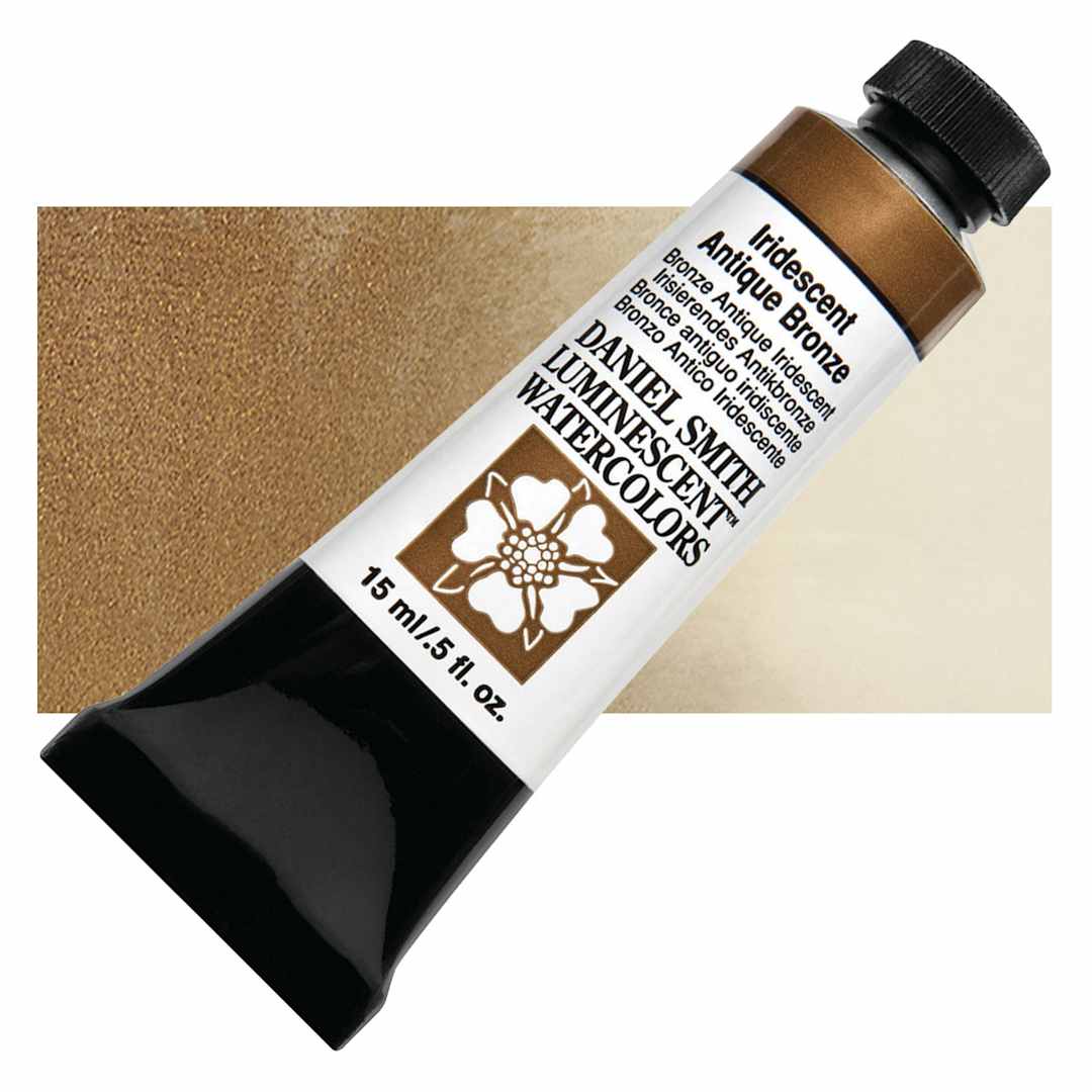 Open in modal - Daniel Smith Luminescent Watercolor - Iridescent Antique Bronze, 15 ml, Tube and swatch