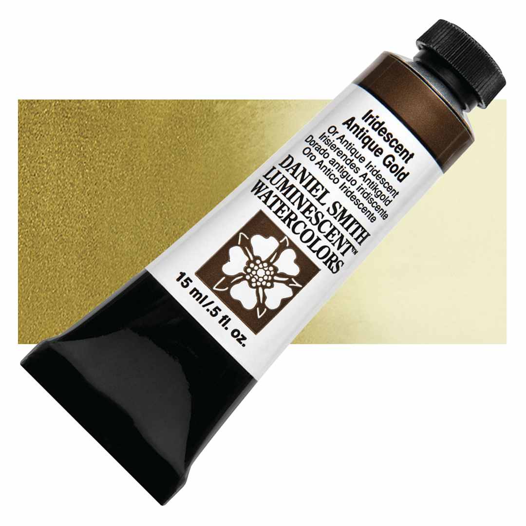 Open in modal - Daniel Smith Luminescent Watercolor - Iridescent Antique Gold, 15 ml, Tube and swatch