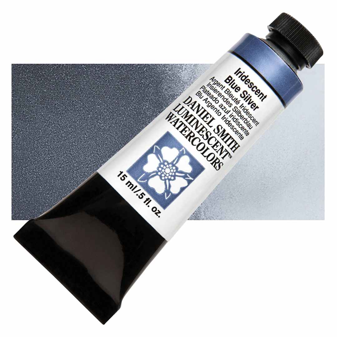 Open in modal - Daniel Smith Luminescent Watercolor - Iridescent Blue Silver, 15 ml, Tube and swatch