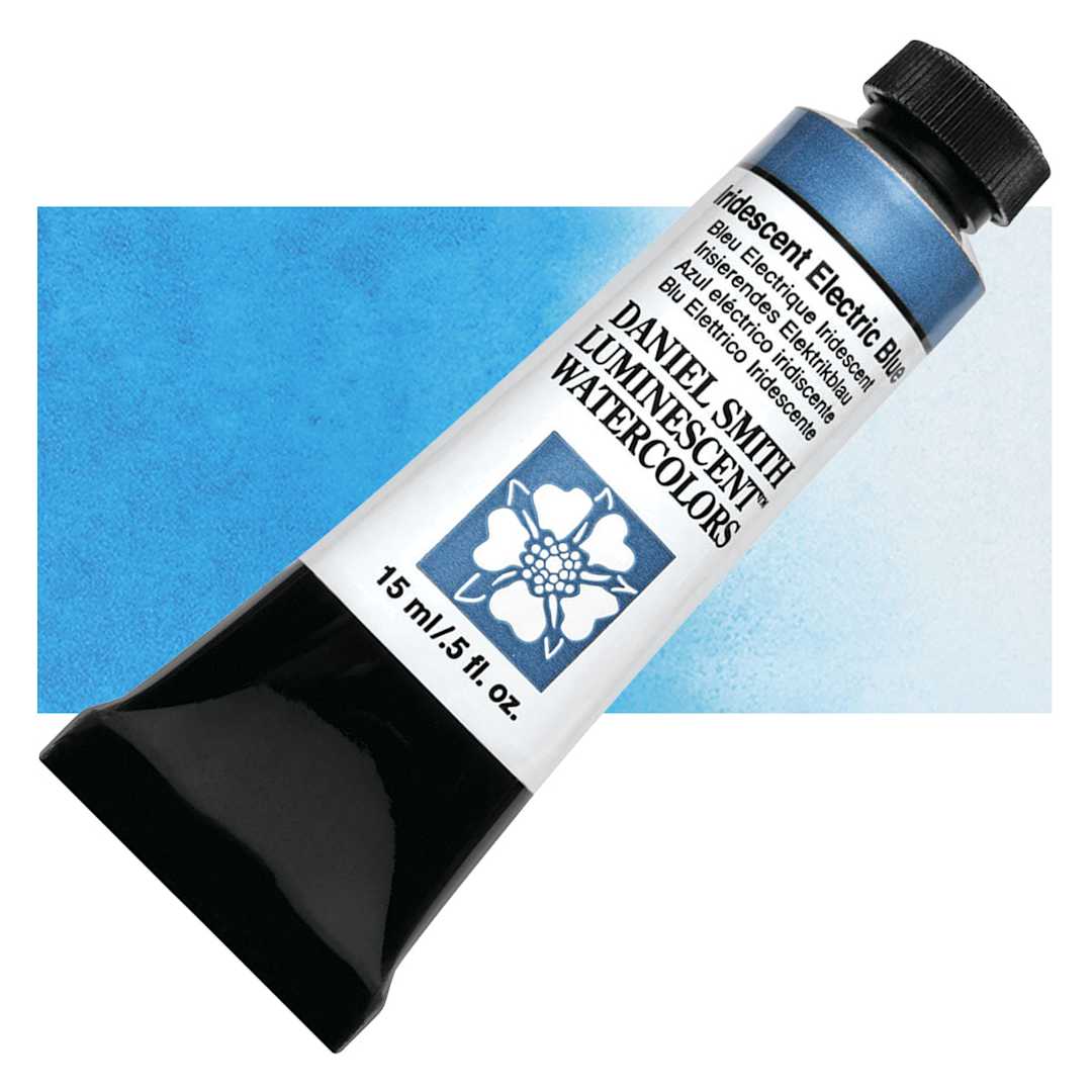 Open in modal - Daniel Smith Luminescent Watercolor - Iridescent Electric Blue, 15 ml, Tube and swatch