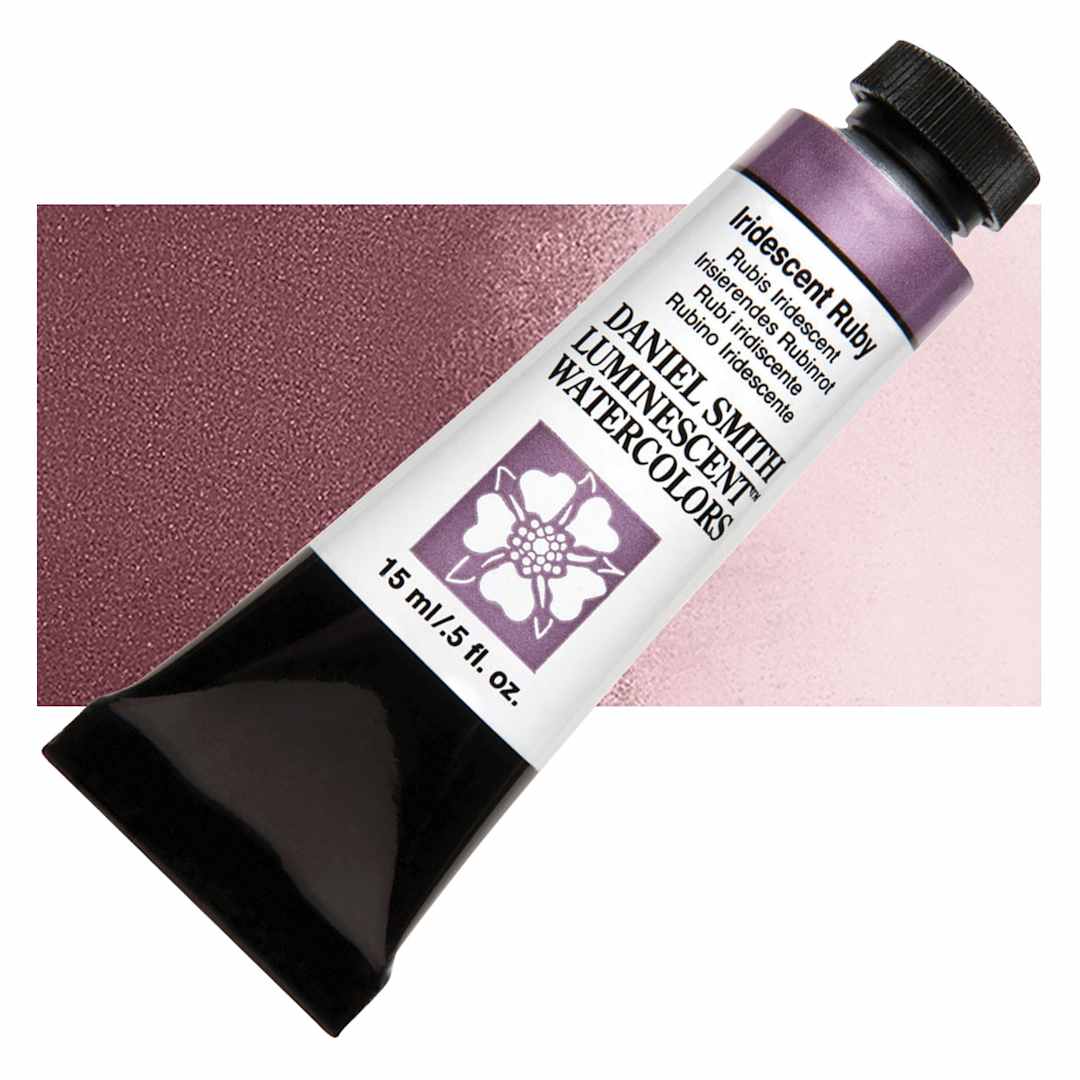 Open in modal - Daniel Smith Luminescent Watercolor - Iridescent Ruby, 15 ml, Tube and swatch