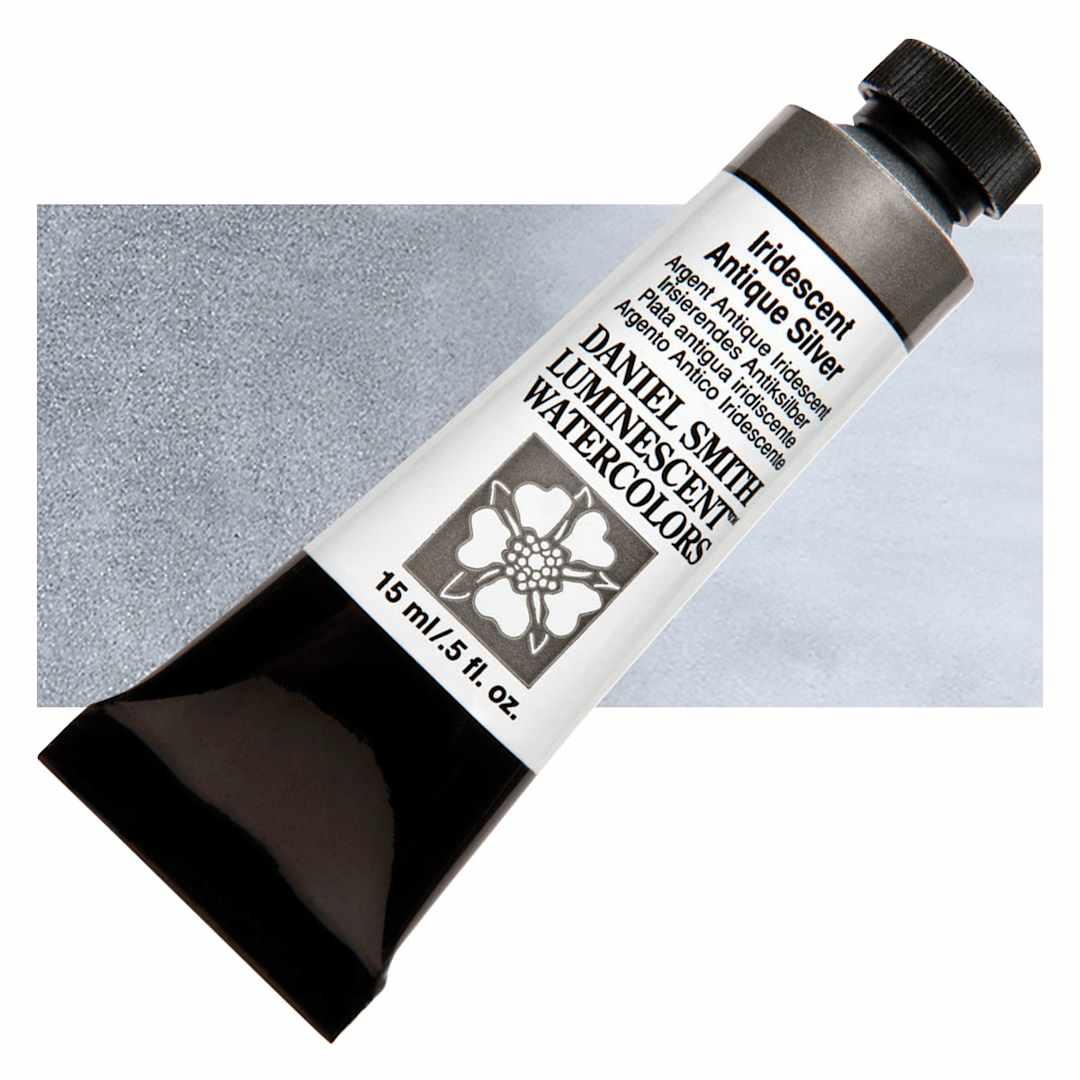 Open in modal - Daniel Smith Luminescent Watercolor - Iridescent Antique Silver, 15 ml, Tube and swatch