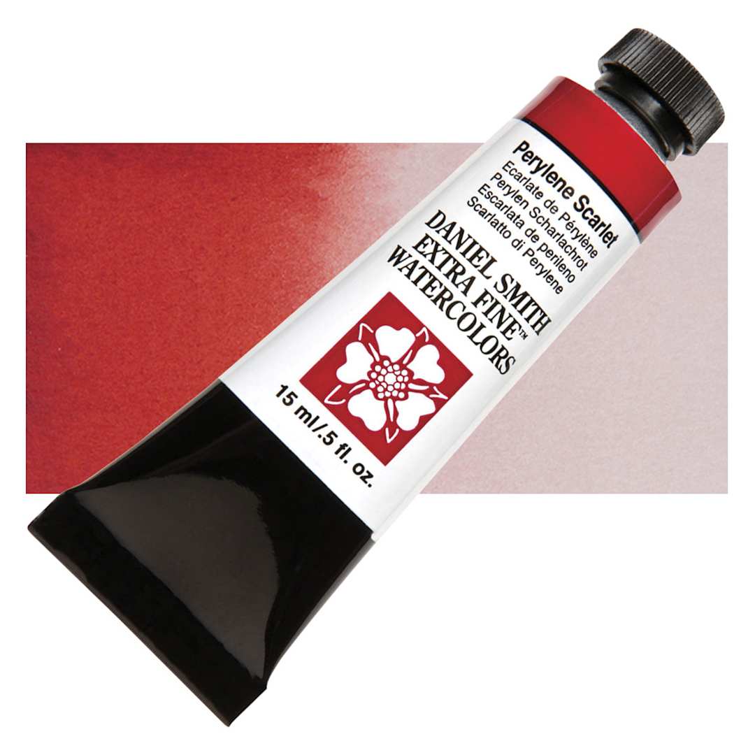 Open in modal - Daniel Smith Extra Fine Watercolor - Perylene Scarlet, 15 ml Tube and swatch