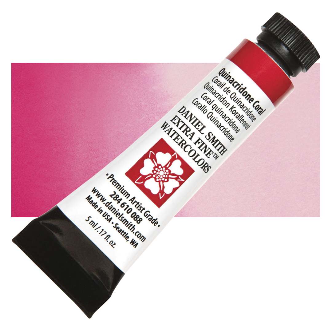 Open in modal - Daniel Smith Extra Fine Watercolor - Quinacridone Coral, 5 ml Tube and swatch
