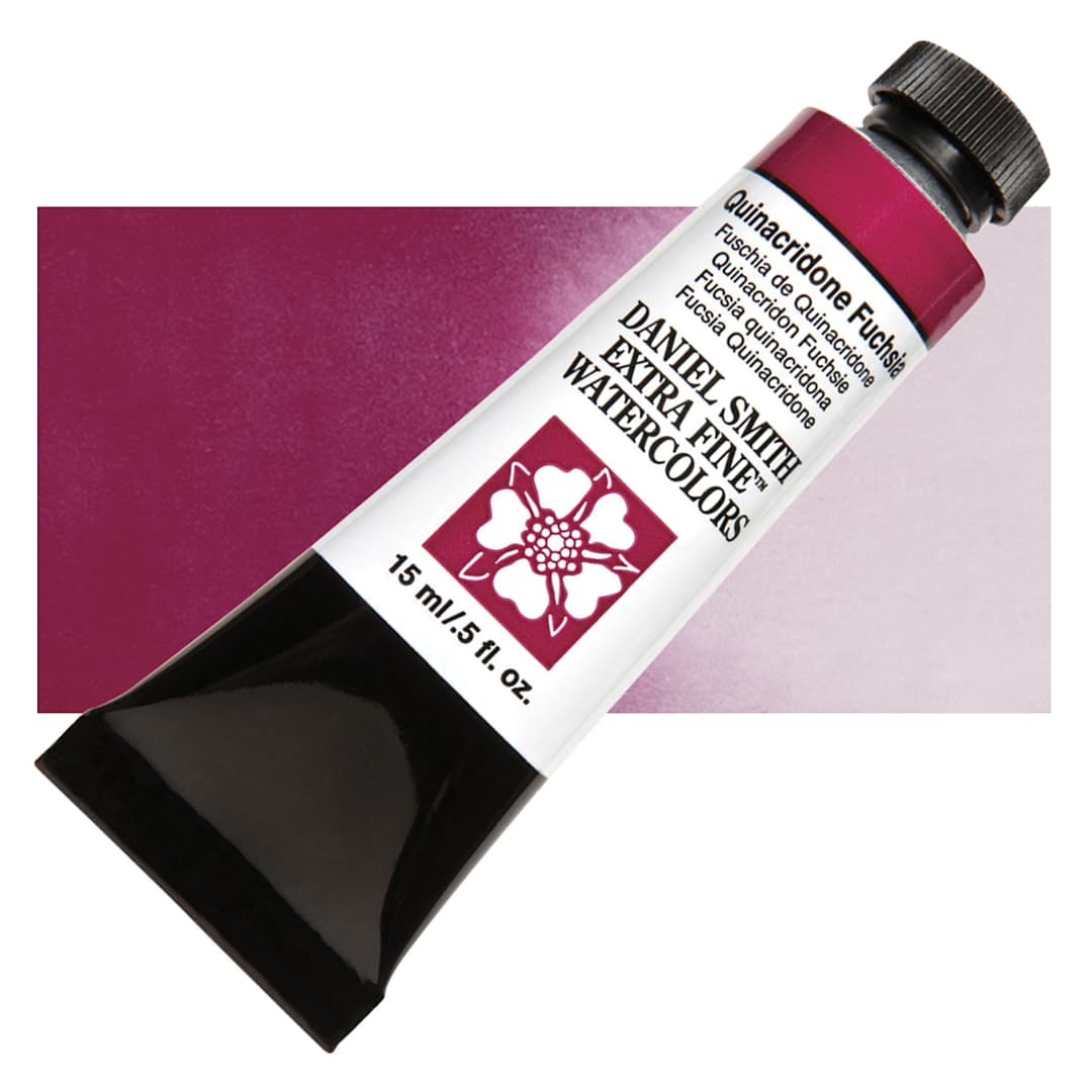 Open in modal - Daniel Smith Extra Fine Watercolor - Quinacridone Fuchsia, 15 ml Tube and swatch