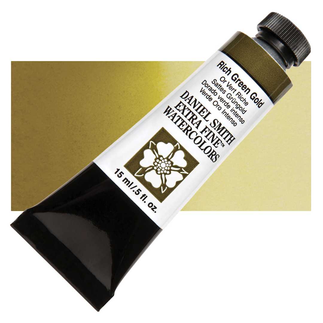 Open in modal - Daniel Smith Extra Fine Watercolor - Rich Green Gold, 15 ml Tube and swatch