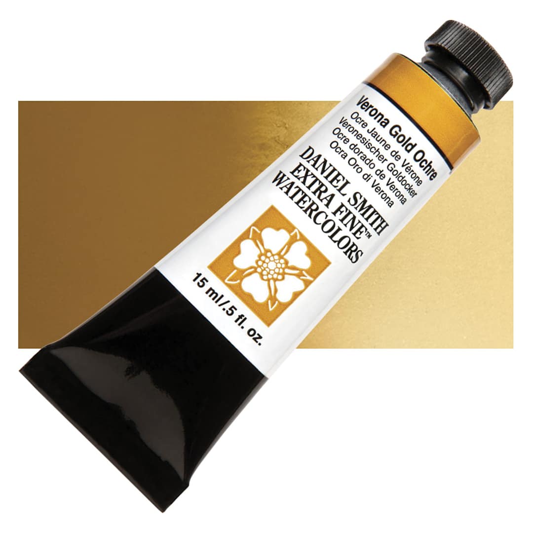 Open in modal - Daniel Smith Extra Fine Watercolor - Verona Gold Ochre, 15 ml Tube and swatch