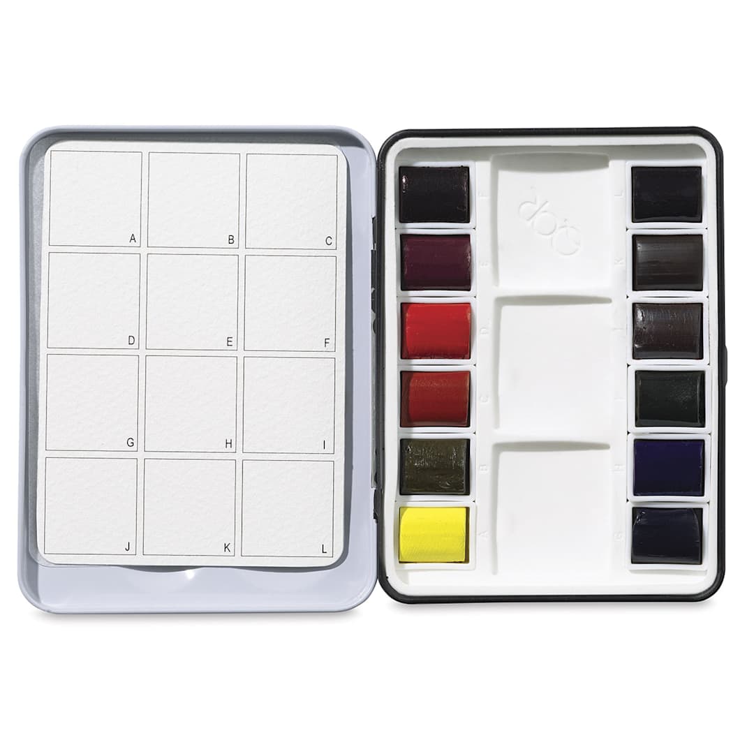 Open in modal - QoR Modern Watercolors - Half Pan Set of 12. Mini Tin lid open with two rows of pans and palette.  