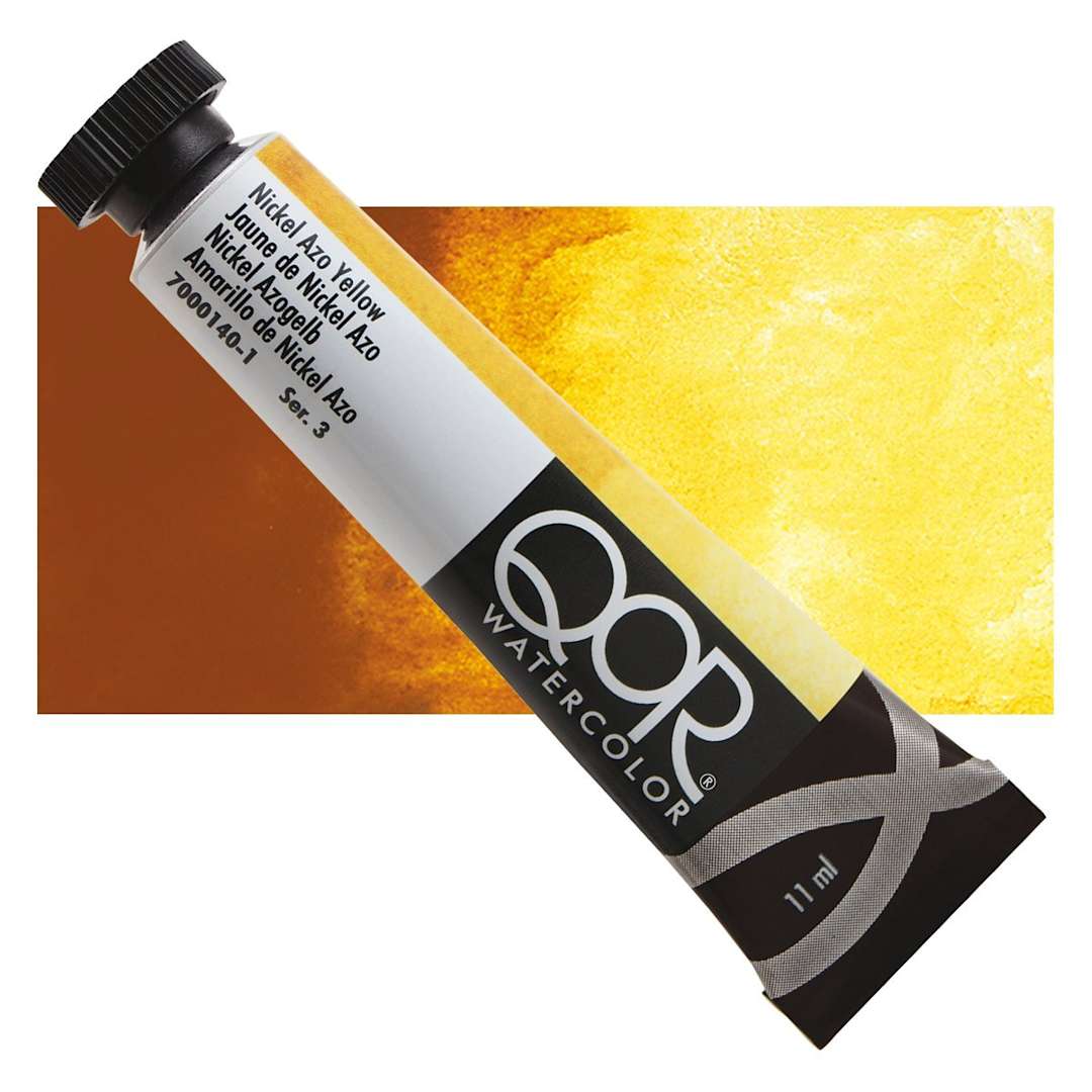 Open in modal - QoR Modern Watercolor - Nickel Azo Yellow, 11 ml tube and swatch