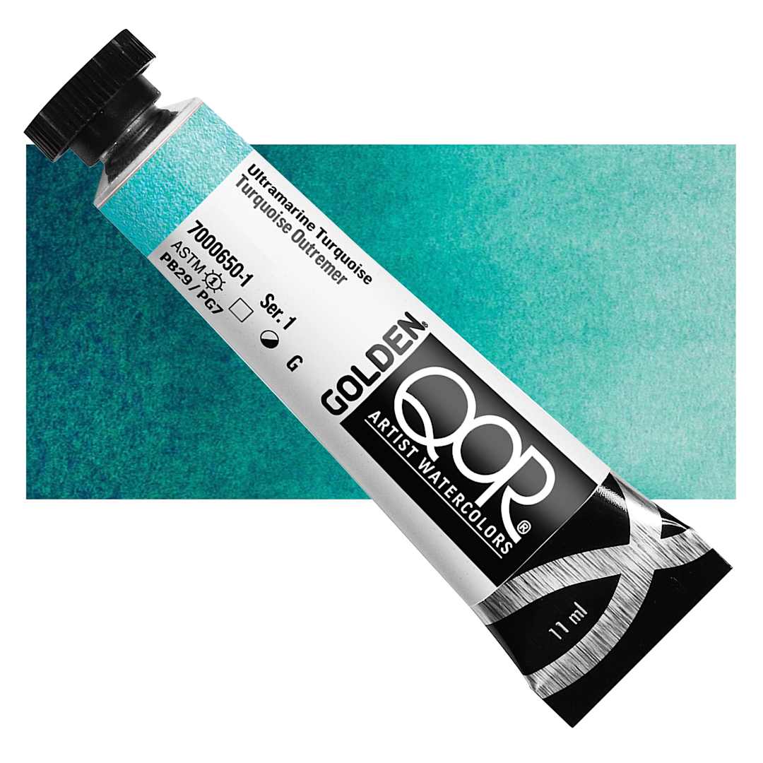 Open in modal - QoR Modern Watercolors - Ultramarine Turquoise, 11 ml tube and swatch