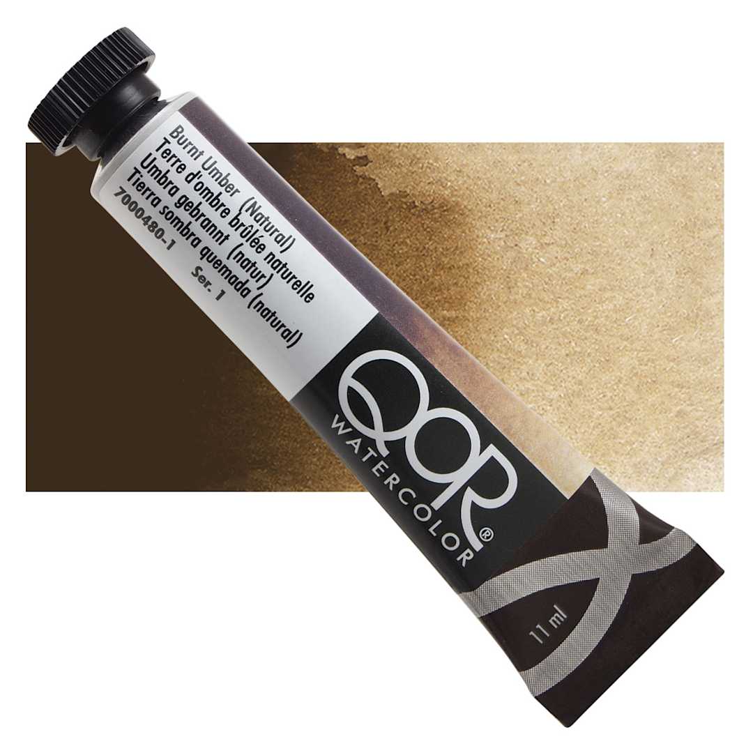 Open in modal - QoR Modern Watercolor - Burnt Umber (Natural), 11 ml tube and swatch