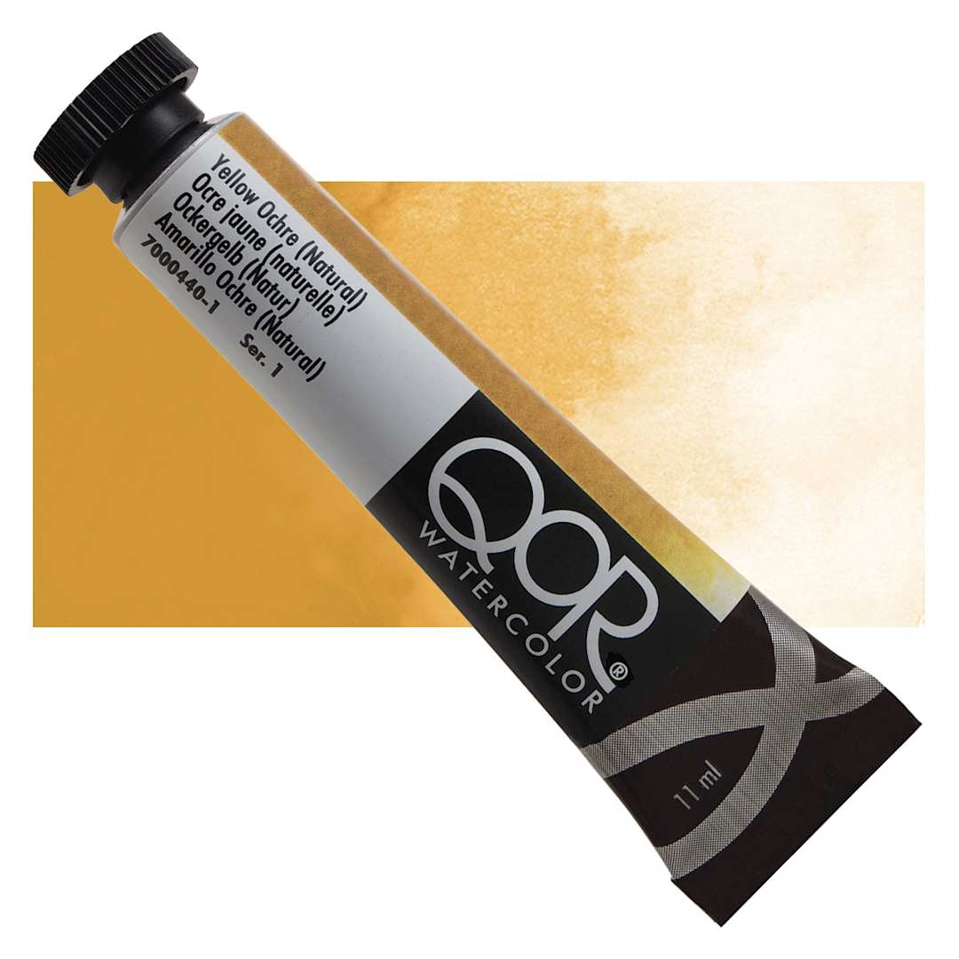 Open in modal - QoR Modern Watercolor - Yellow Ochre (Natural), 11 ml tube and swatch