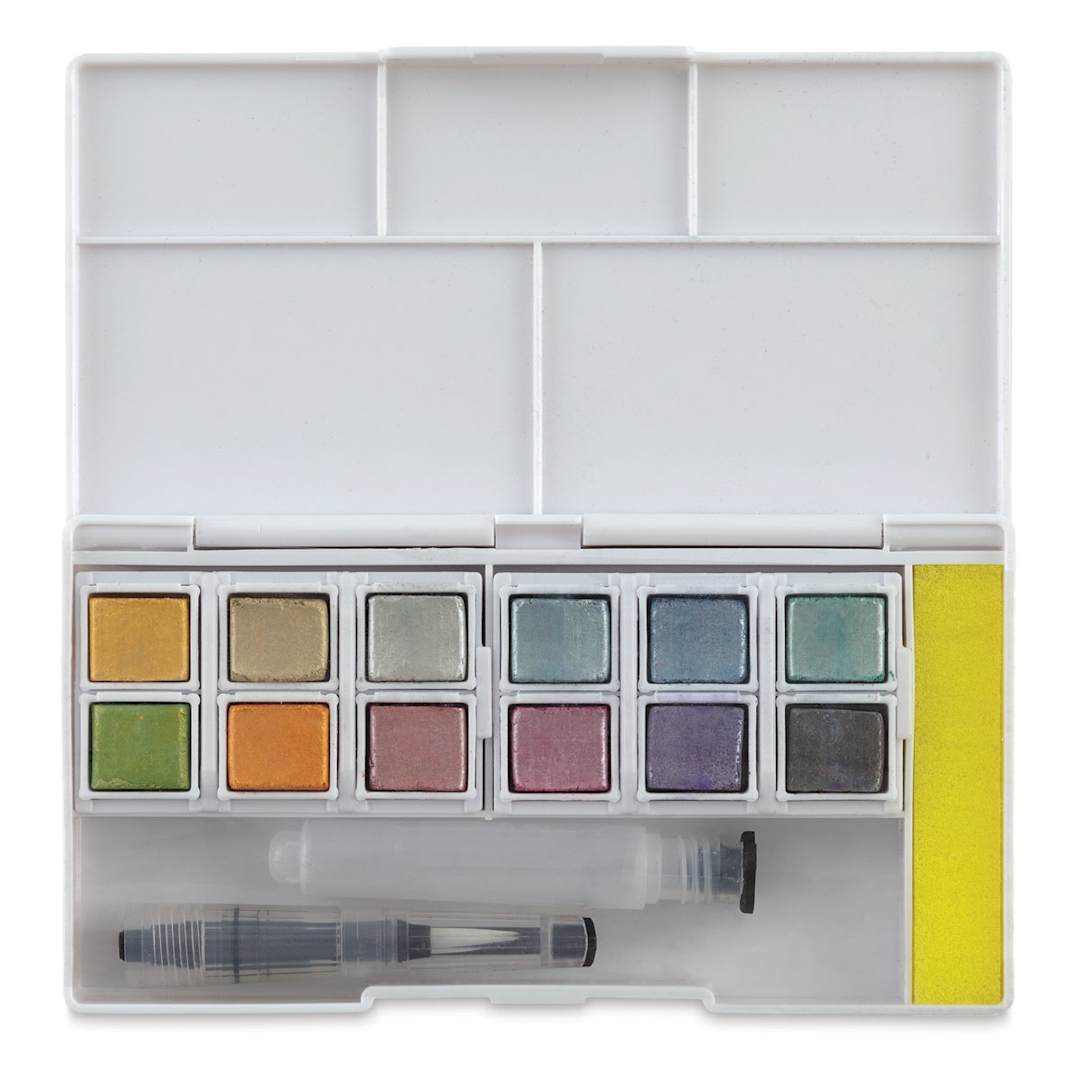 Open in modal - Derwent Metallic Watercolor Pan Set - Set of 12 open showing colors, brush and sponge