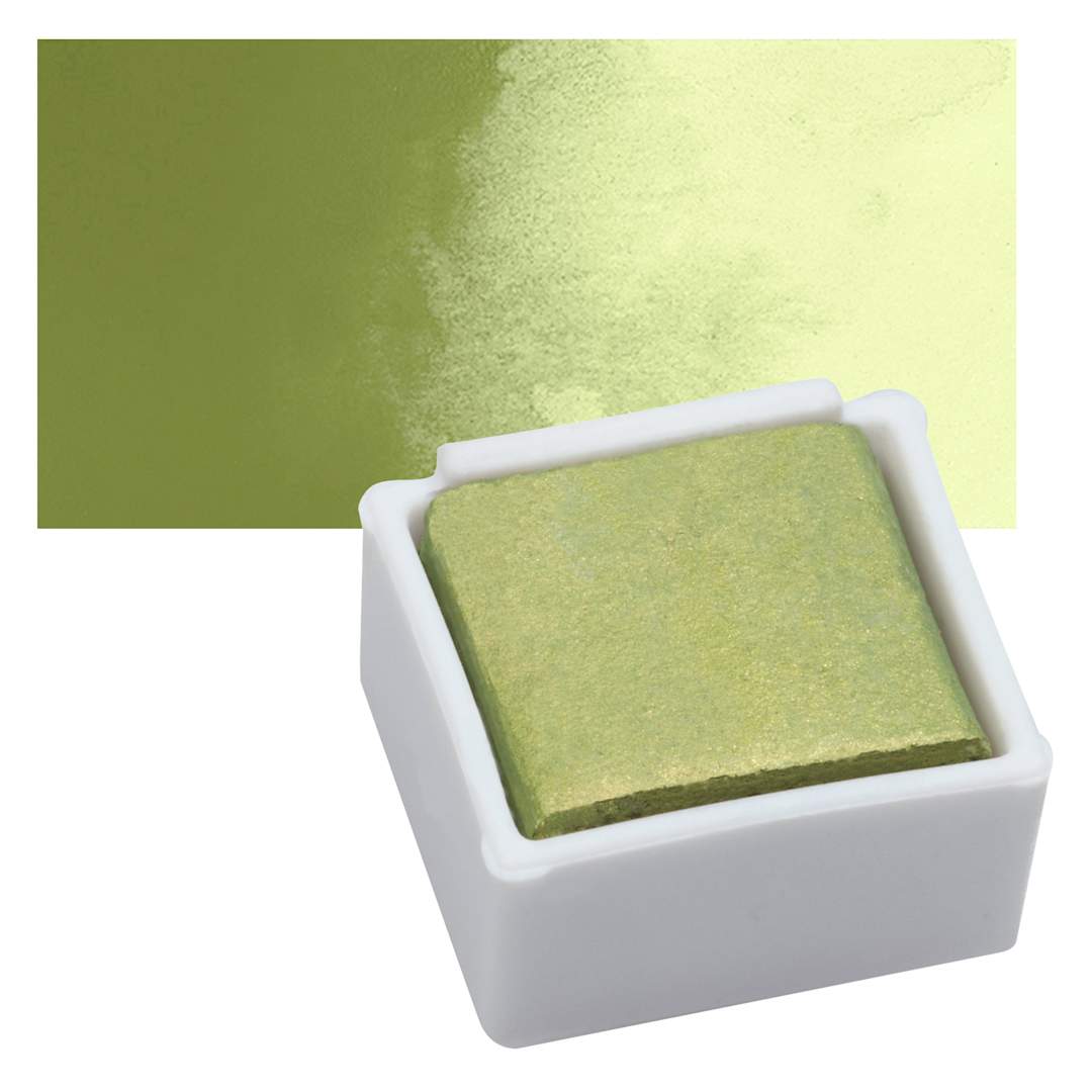 Open in modal - Derwent Watercolor Pan - Metallic Lime Gold pan and swatch