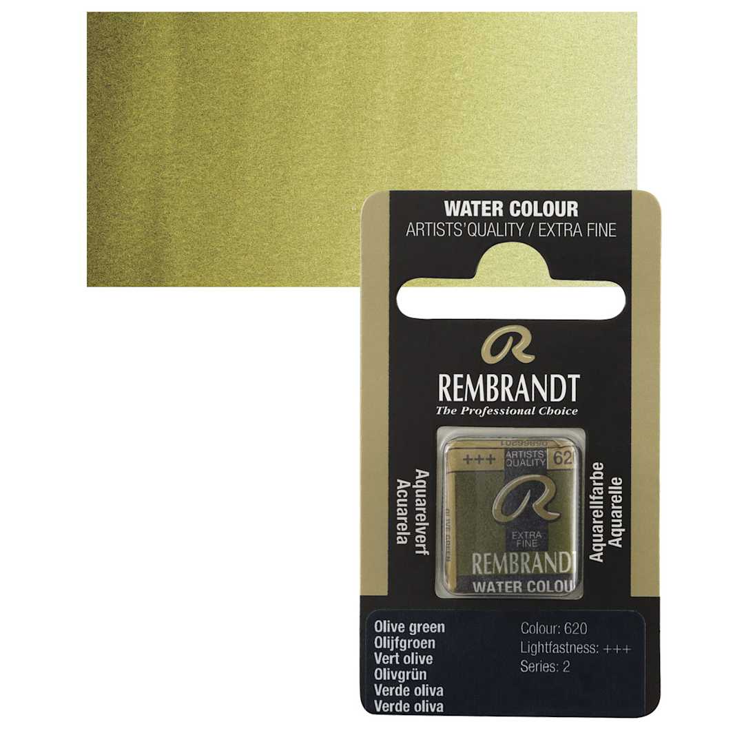 Open in modal - Rembrandt Watercolor Half Pan - Olive Green pan and swatch